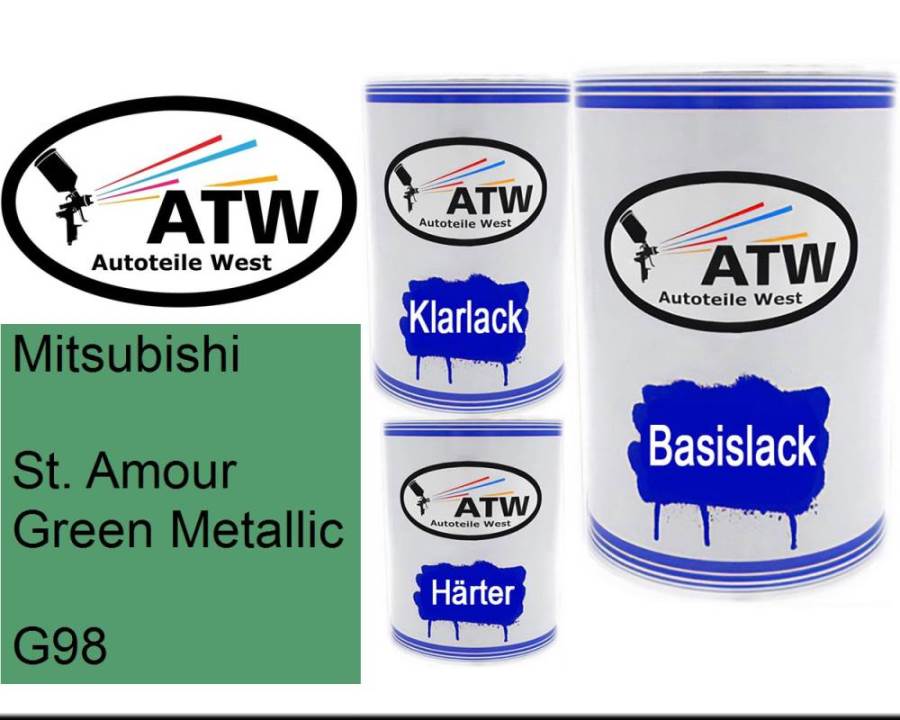 Mitsubishi, St. Amour Green Metallic, G98: 500ml Lackdose + 500ml Klarlack + 250ml Härter - Set, von ATW Autoteile West.